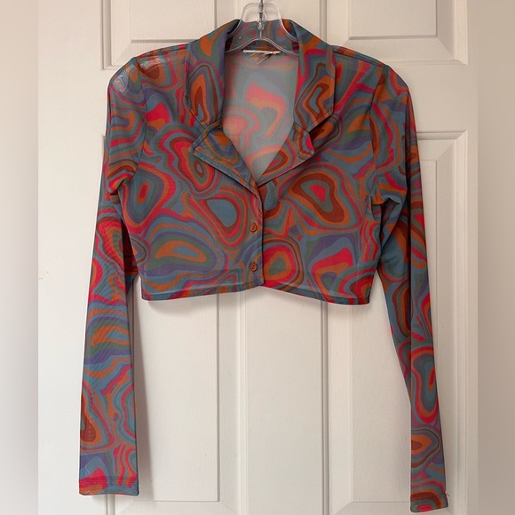 Milk It Retro Psychedelic Print Mesh Button-Up Crop Top S - Picture 3 of 10